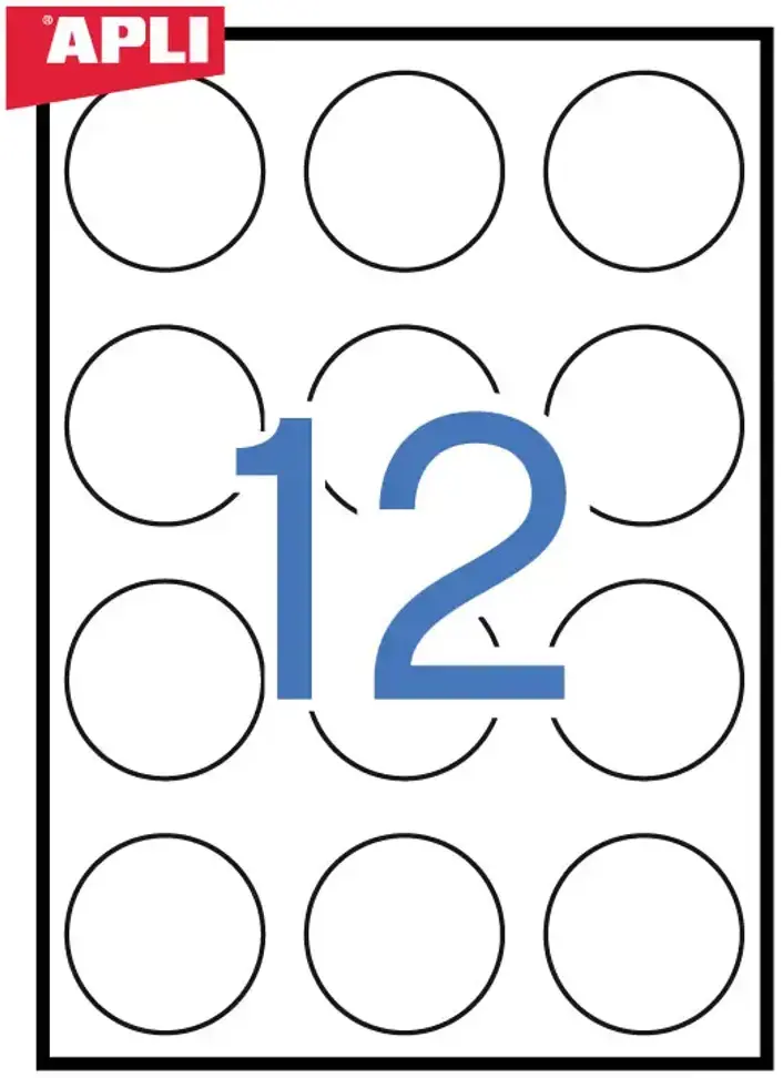 Lipnios etiketės APLI, diam. 60 mm,d A4, 12 lipdukai lape, 100 lapų, balta