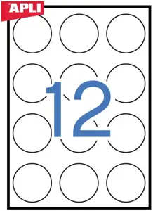 Lipnios etiketės APLI, diam. 60 mm,d A4, 12 lipdukai lape, 100 lapų, balta