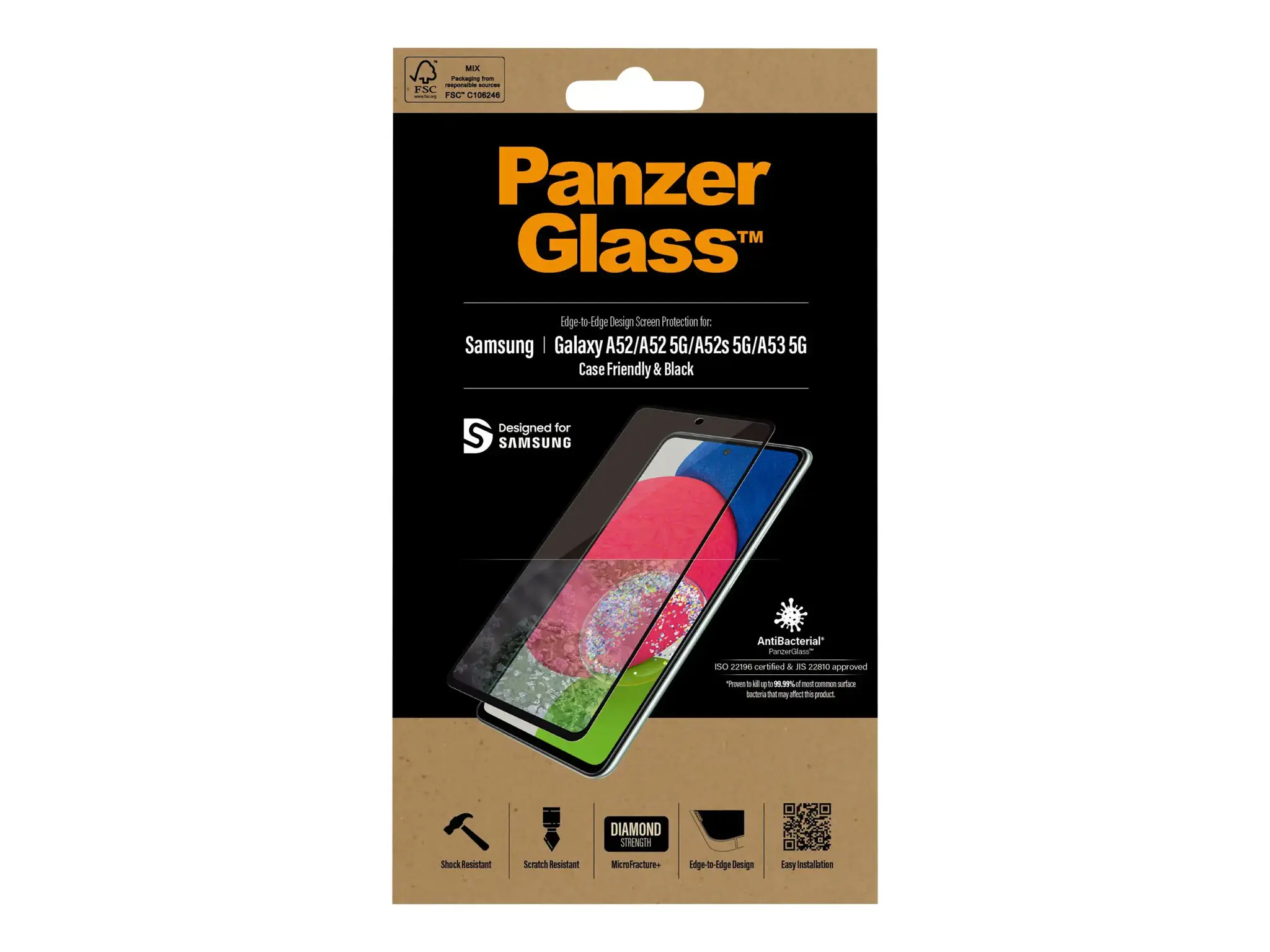 PanzerGlass ™ Samsung Galaxy A52 | A52 5G | A52s 5G | A52s 5G | A53 5G | Ekrano apsauga Stiklas, Skaidri ekrano apsauga, Samsung, Samsung, Samsung - Galaxy A52, Samsung - Galaxy A52 5G, atsparus įbrėžimams, atsparus smūgiams, antibakterinis, skaidrus, 1 vnt.