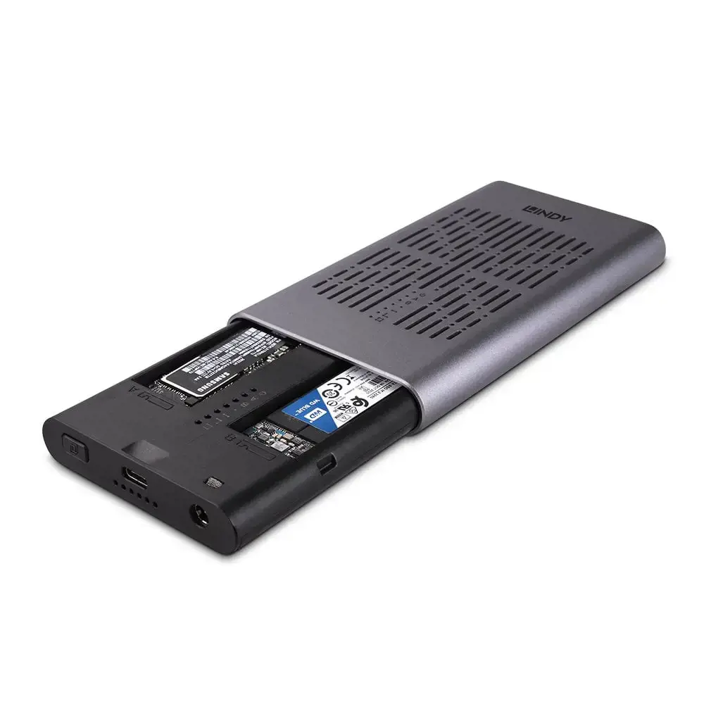 Lindy USB 3.2 Gen 2x2 Dual M.2 NVMe SSD Enclosure with Clone Feature, SSD enclosure, M.2, M.2, PCI Express 3.0, USB connectivity, Silver