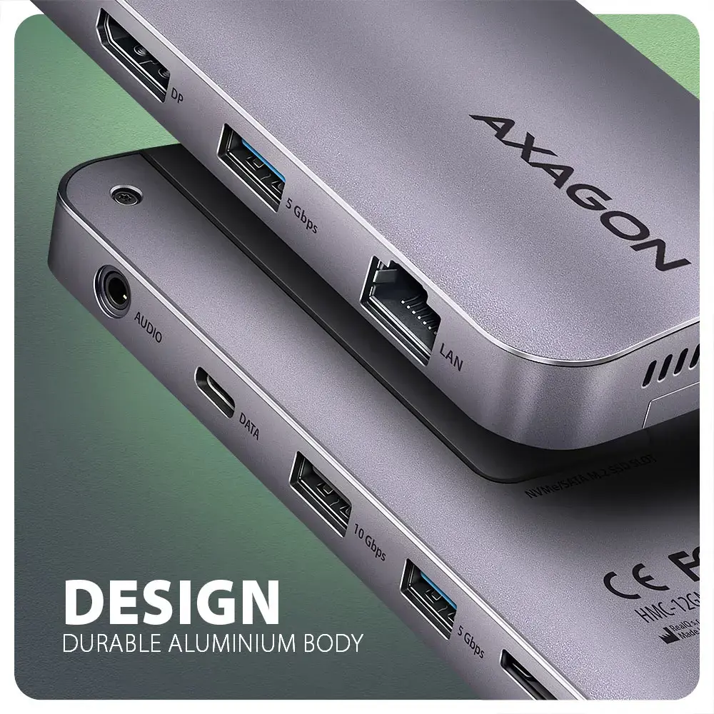 AXAGON Multiport USB-C 10Gbps hub. NVMe/SATA M.2, HDMI and DisplayPort. Cable USB-C 50 cm.