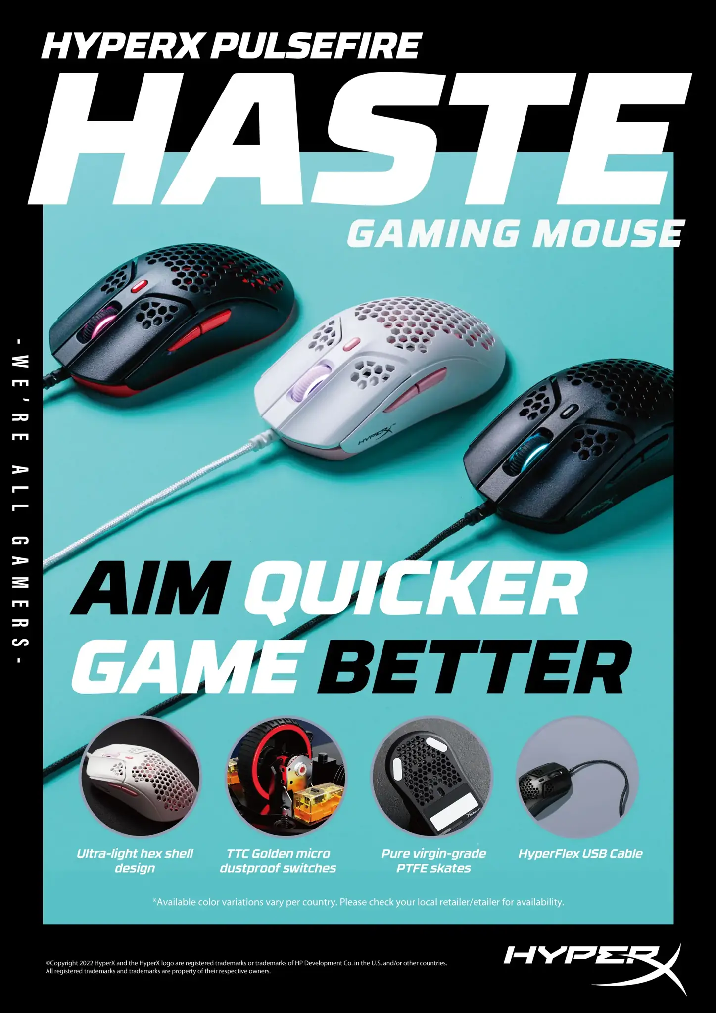 "HyperX Pulsefire Haste" - žaidimų pelė (juoda-raudona), dvipusė, optinė, A tipo USB, 16000 DPI, juoda, raudona