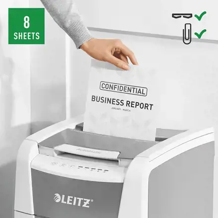 "Leitz IQ Autofeed Small Office 100" automatinis popieriaus smulkintuvas P4, kryžminis smulkinimas, 22 cm, 4 x 30 mm, 34 L, Touch, 8 lapai