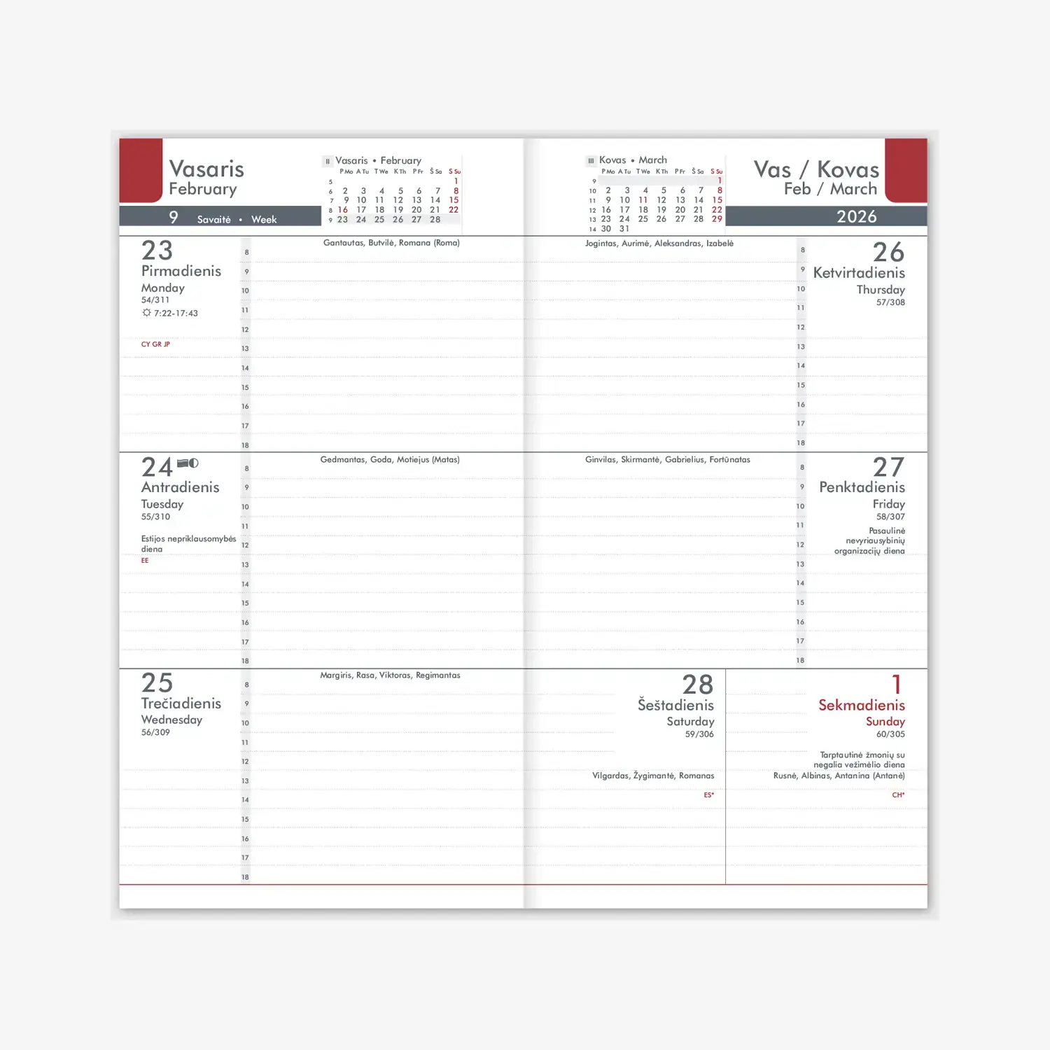 Kalendorius MIDI 2026, 90 x 167 mm, PU, tamsiai mėlyna