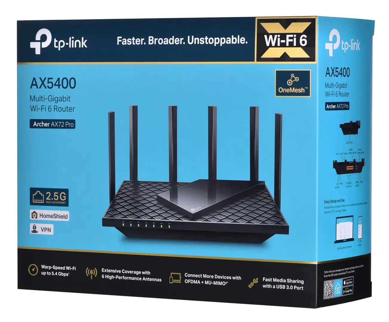 TP-Link Archer AX5400 Multi-Gigabit WiFi 6 maršrutizatorius, "Wi-Fi 6" (802.11ax), dviejų dažnių (2,4 GHz / 5 GHz), Ethernet LAN, juodas, stalinis/polinis maršrutizatorius