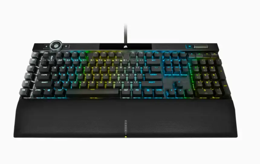 CORSAIR K100 RGB optinė mechaninė žaidimų klaviatūra su RGB LED apšvietimu CORSAIR OPX RAPIDFIRE juoda PBT klaviatūra