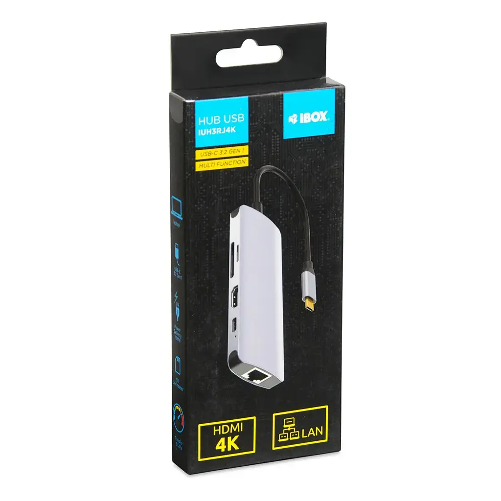 "iBox IUH3RJ4K" nešiojamojo kompiuterio dokas/prievadų replikatorius USB 3.2 Gen 1 (3.1 Gen 1) Type-C Power Delivery 100 W sidabrinės spalvos