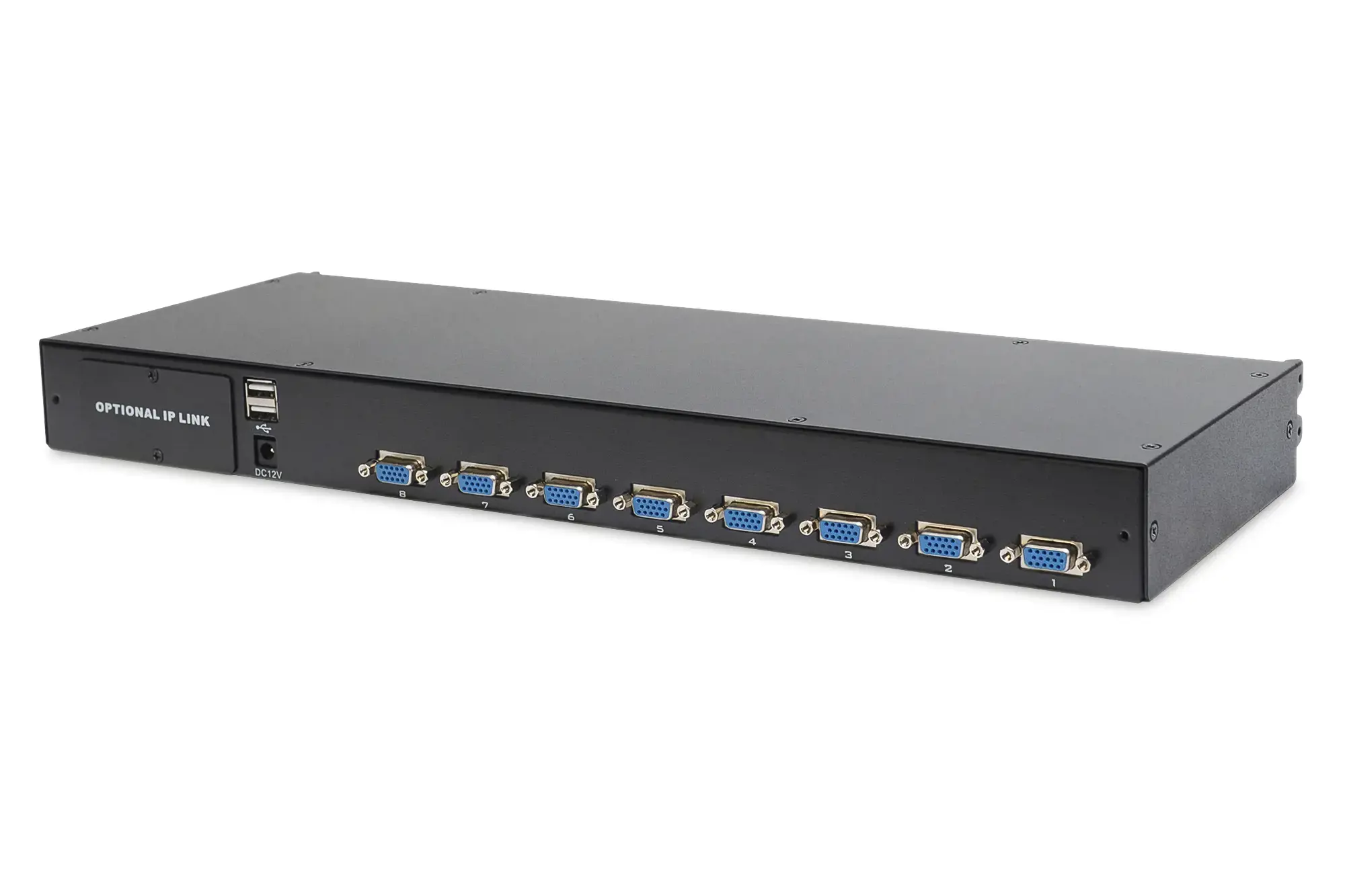 DIGITUS modulinė 48,3 cm 19 colių TFT konsolė su 8 KVM prievadais JAV klaviatūra RAL 9005 juoda spalva