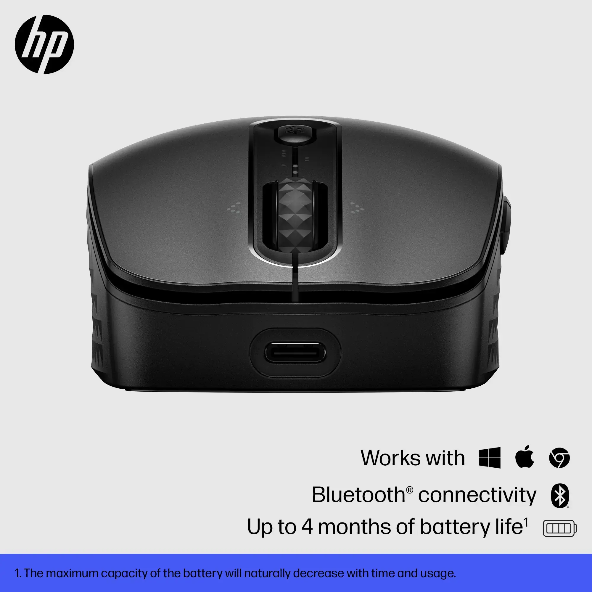 HP 690 Rechargeable Wireless Mouse, Ambidextrous, Bluetooth, 4000 DPI, Black