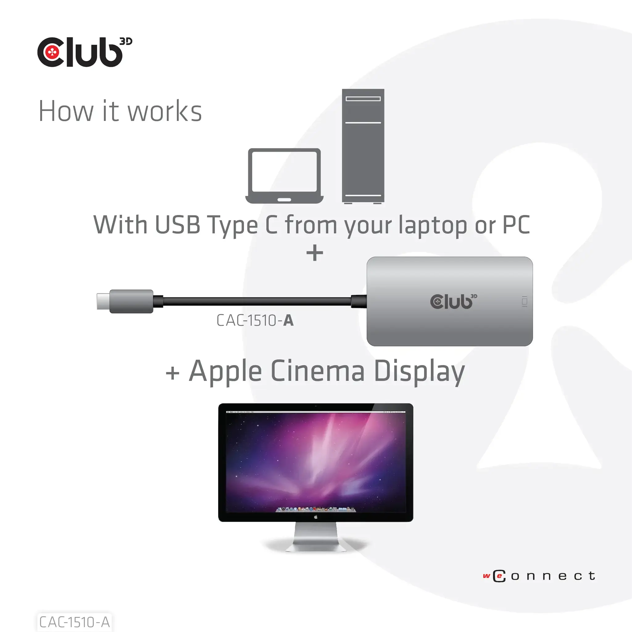 CLUB3D USB3.2 Gen1 Type-C to Dual Link DVI-D HDCP OFF version Active Adapter M/F for Apple Cinema Displays, 0.25 m, USB Type-C, DVI, Male, Female, 3840 x 2160