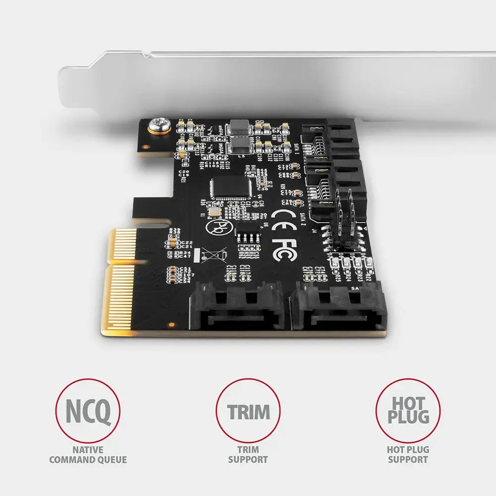 "Axagon" keturių kanalų SATA III PCI-Express valdiklis su keturiais vidiniais SATA prievadais. Standartinis ir žemo profilio.