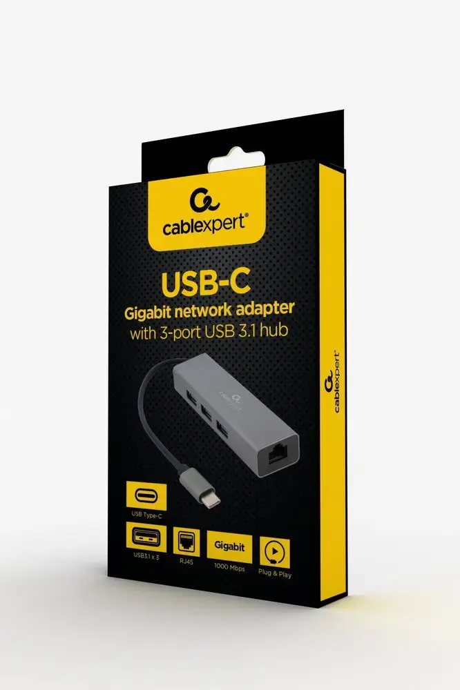 GEMBIRD A-CMU3-LAN-01 USB-C gigabitinio tinklo adapteris su 3 prievadų USB 3.1 šakotuvu