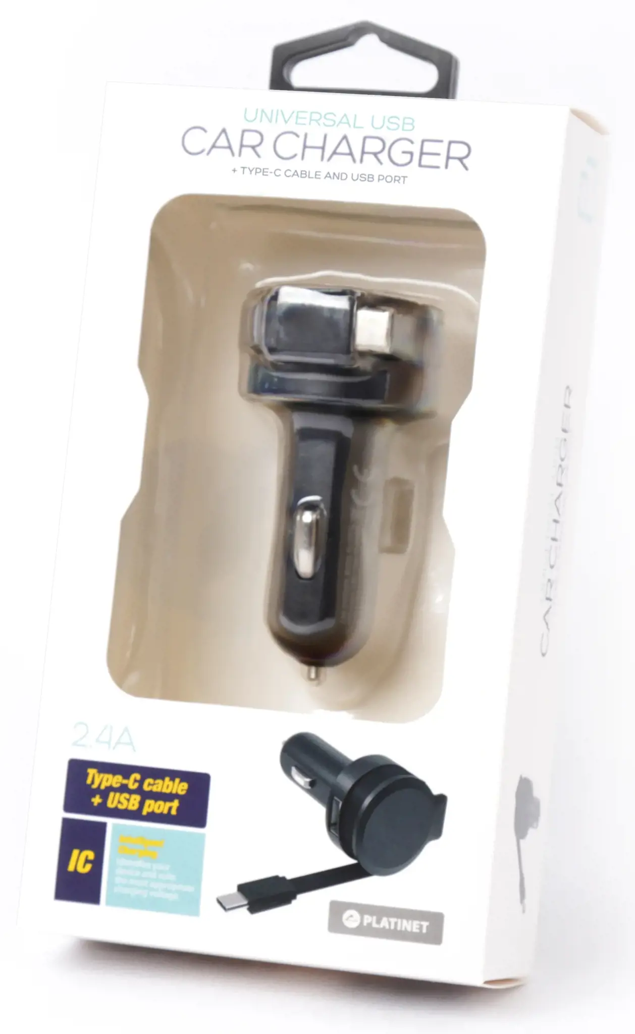 Platinet automobilinis įkroviklis 1xUSB 2,4A + USB-C laidas (44652)