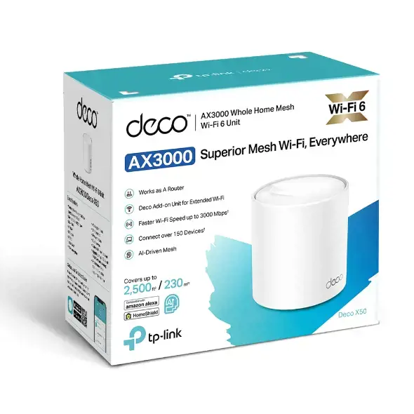 "TP-Link AX3000 Whole Home Mesh WiFi 6 Unit", baltas, vidinis, CE: (2,4 GHz) <20 dBm (2,4 GHz) <23 dBm (5 GHz) FCC: <30 dBm (2,4 GHz) <30 dBm (5 GHz), 0-40 °C, -40-70 °C, 10-90 %.