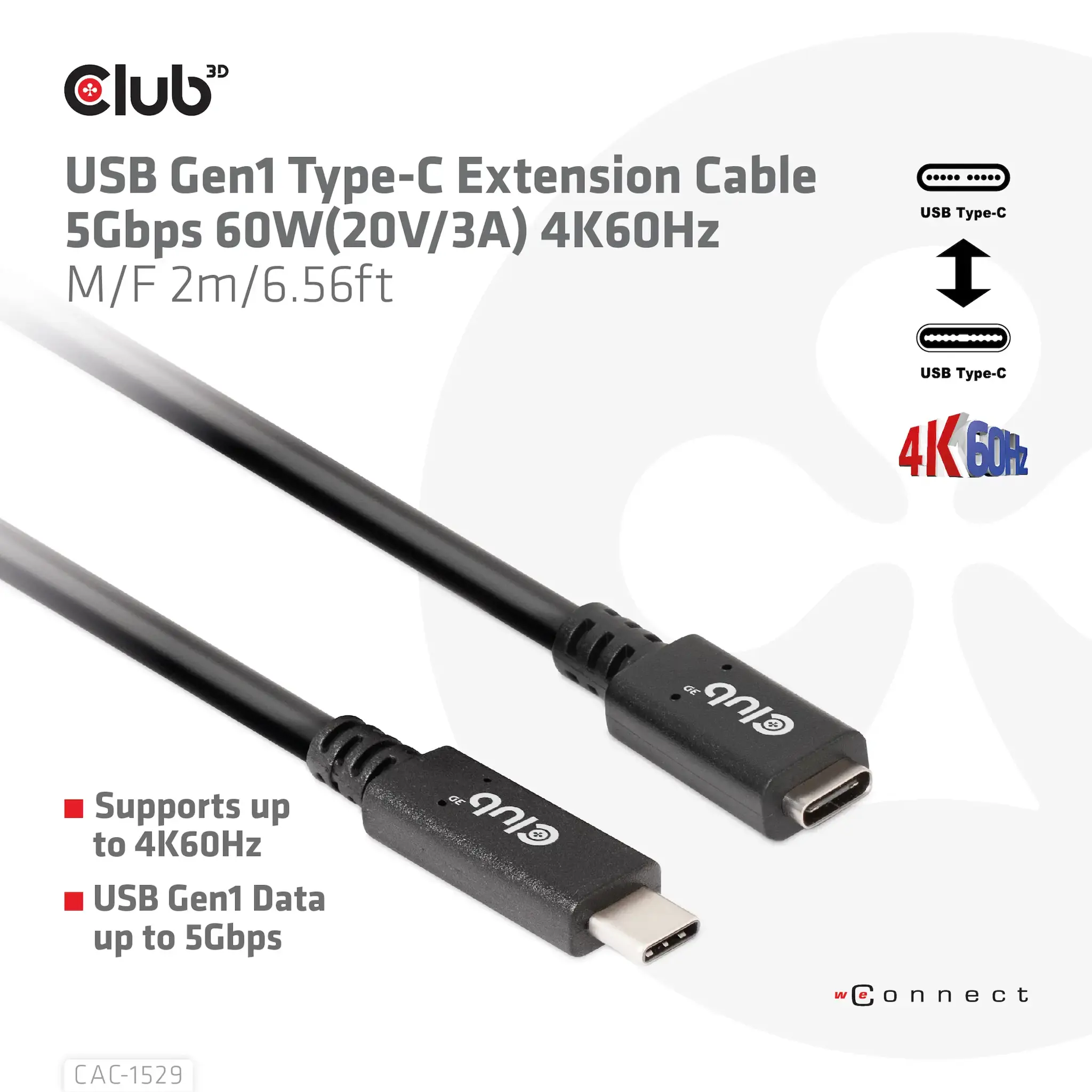 CLUB3D USB Gen1 Type-C Extension Cable 5Gbps 60W(20V/3A) 4K60Hz M/F 2m/6.56ft, 2 m