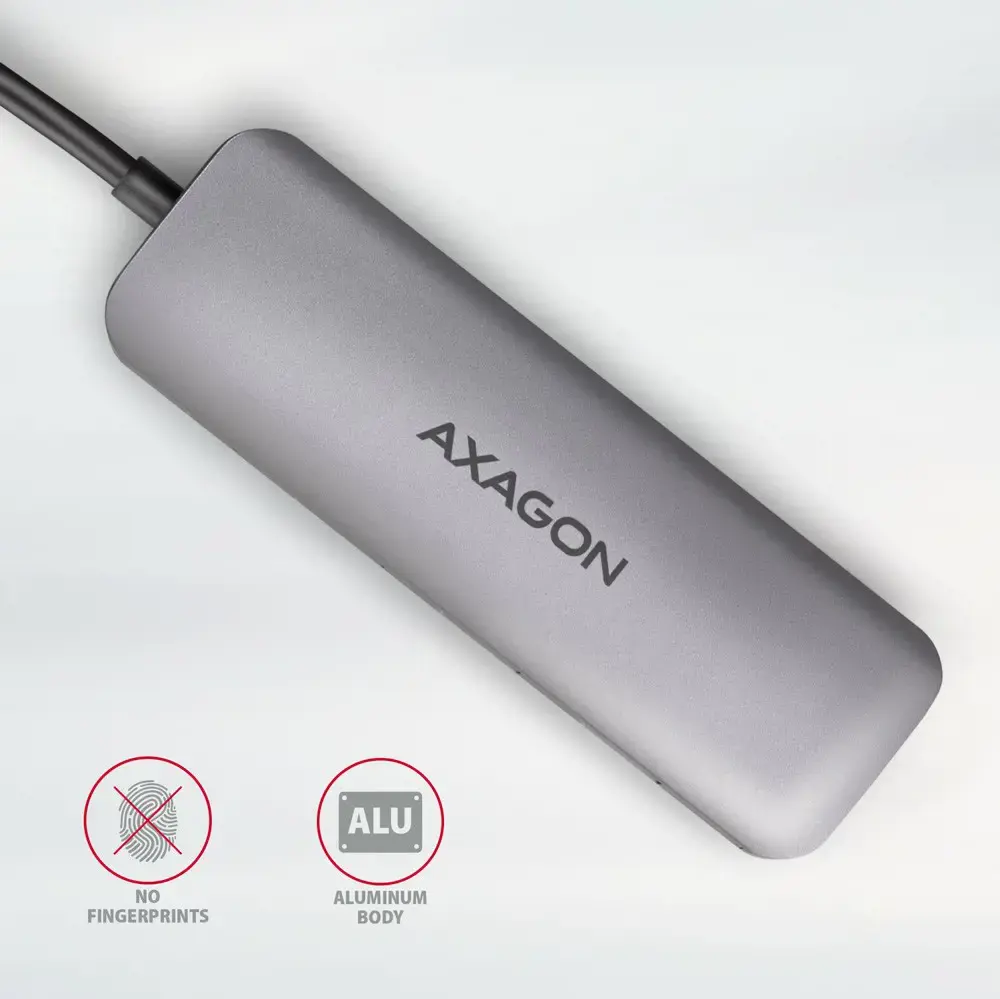 "Axagon" kelių prievadų USB 3.2 Gen 1 šakotuvas. HDMI, kortelių skaitytuvas ir trys USB-A išvestys. USB-C 20 cm ilgio kabelis.