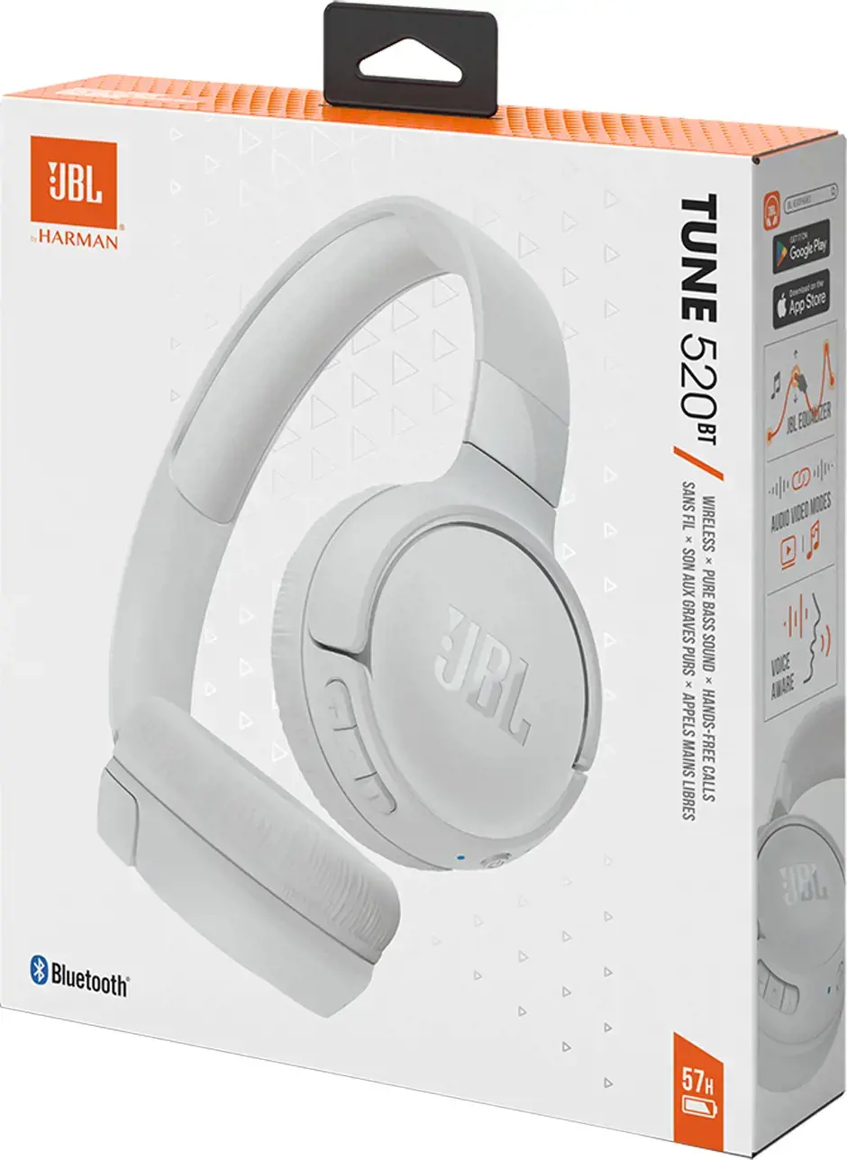 JBL belaidės ausinės "Tune 520BT", baltos spalvos
