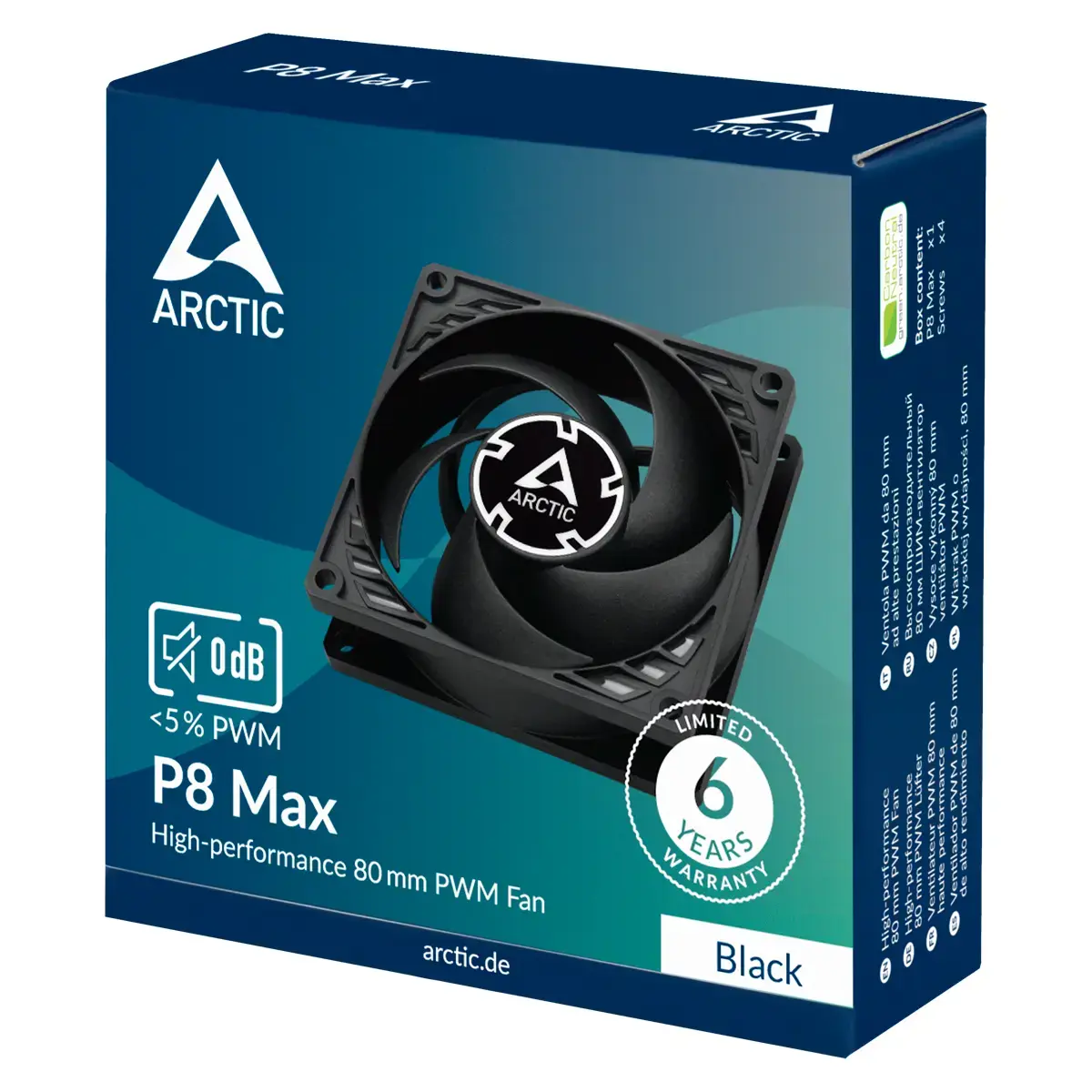 ARCTIC P8 Max - High-Performance 80 mm PWM Fan, Fan, 8 cm, 0.6 sone, 40 cfm, 67.96 m³/h, Black