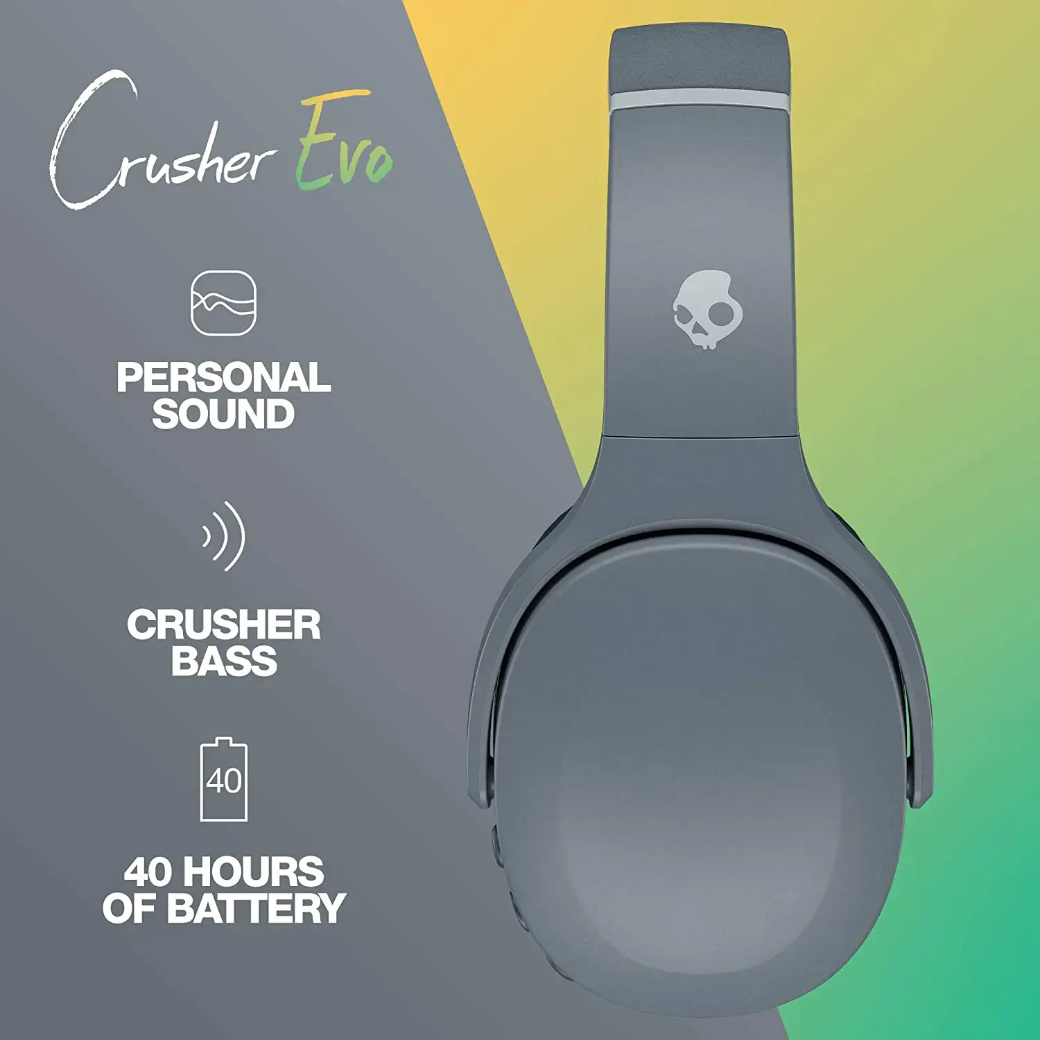 "Skullcandy" belaidės ausinės "Crusher Evo" su mikrofonu, belaidės, "Chill Grey