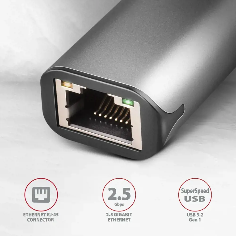 ADE-25RC SUPERSPEED USB-C 2.5 GIGABIT ETHERNETKompaktiškas aliuminio USB-C 3.2 Gen 1 2.5 Gigabit Ethernet 10/100/1000/2500 Mbps adapteris su automatiniu diegimu.