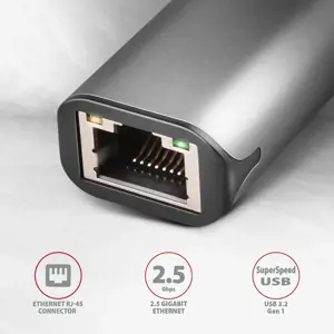 ADE-25RC SUPERSPEED USB-C 2.5 GIGABIT ETHERNETKompaktiškas aliuminio USB-C 3.2 Gen 1 2.5 Gigabit Ethernet 10/100/1000/2500 Mbps adapteris su automatiniu diegimu.
