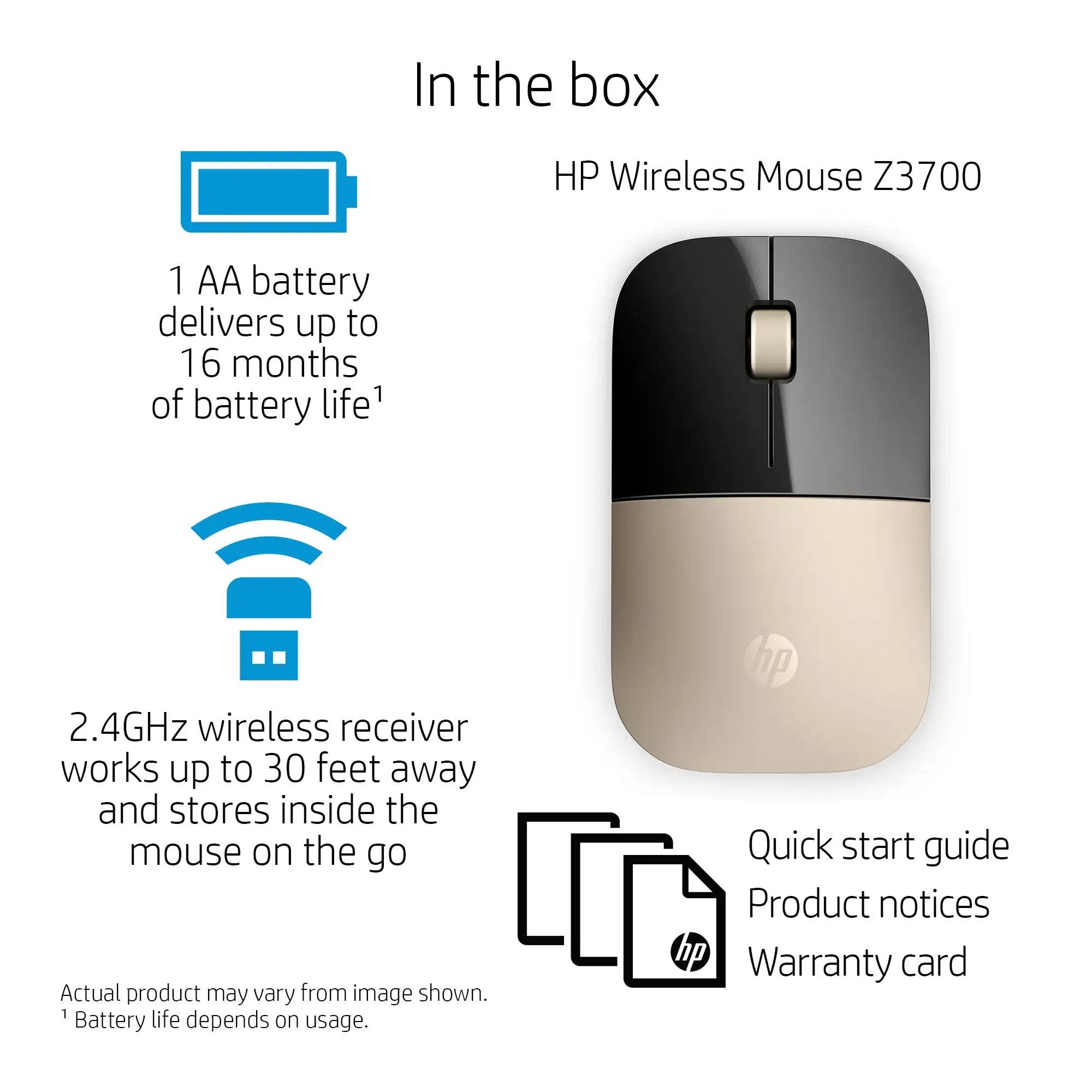 HP Z3700 auksinė belaidė pelė, dvipusė, optinė, RF belaidė, 1200 DPI, auksinė