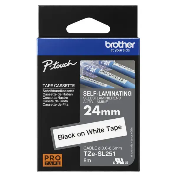 BROTHER TZESL251 24MM BLK ON WHT SELF LAMINATE