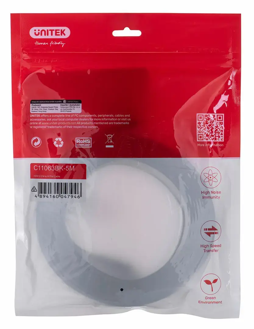 UNITEK 2.0 4K60HZ FLAT 5M C11063BK-5M - Kabel - Digital/Display/Video HDMI cable 5 m HDMI Type A (Standard) Black