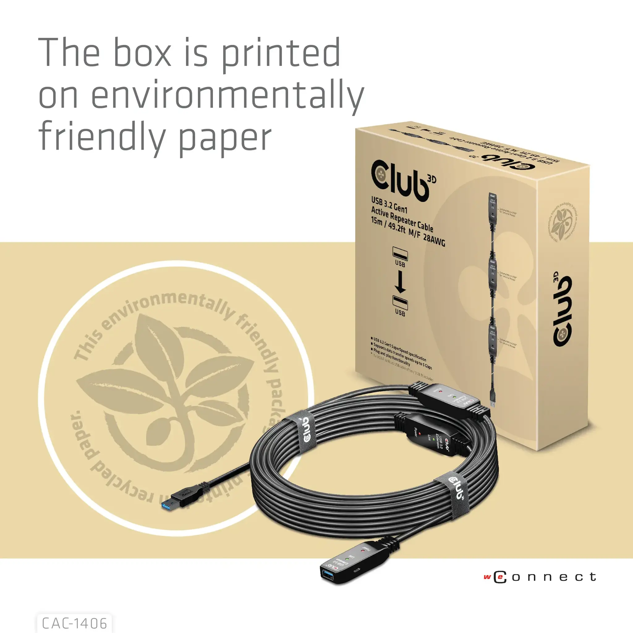 CLUB3D USB 3.2 Gen1 Active Repeater Cable 15m/ 49.2 ft M/F 28AWG, 15 m, USB A, USB A, USB 3.2 Gen 1 (3.1 Gen 1), Black