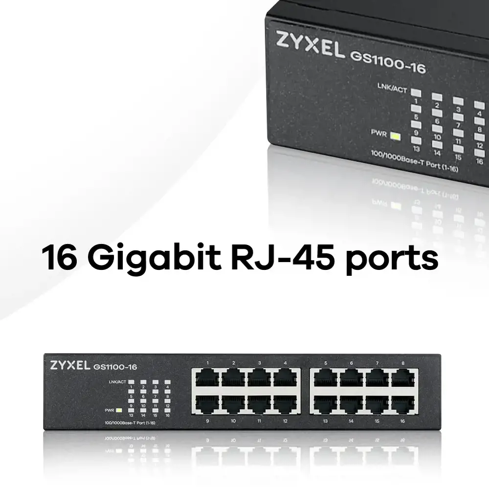 Zyxel GS1100-16, nevaldomas, Gigabit Ethernet (10/100/1000), montuojamas į stovą, montuojamas ant sienos