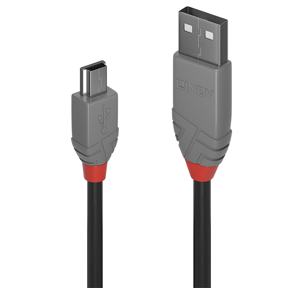 Lindy 1m USB 2.0 Type A to Mini-B Cable, Anthra Line, 1 m, USB A, Mini-USB B, USB 2.0, 0.48 Gbit/s, Black, Grey