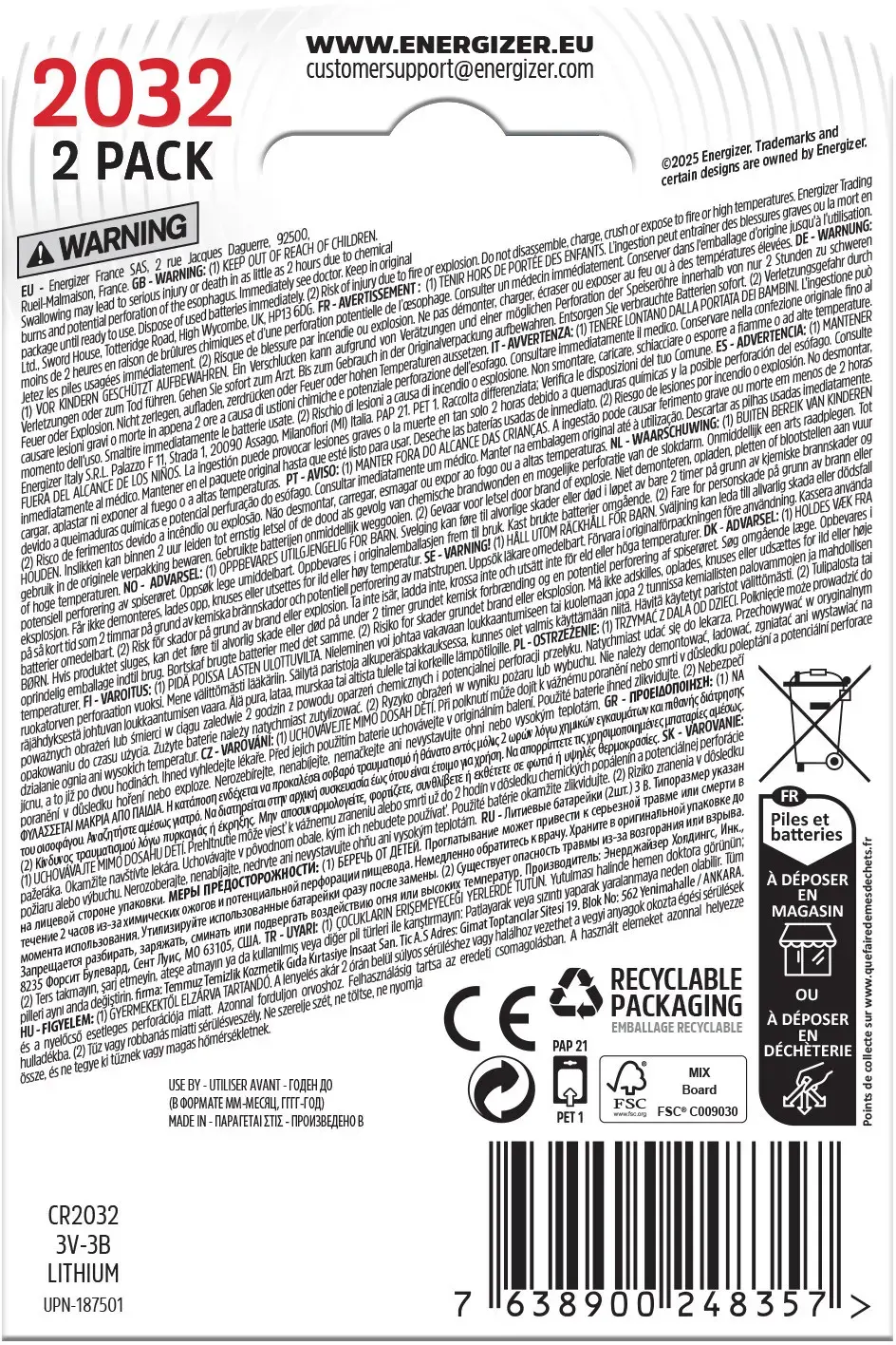 ENERGIZER LITHIUM CR2032 2PK