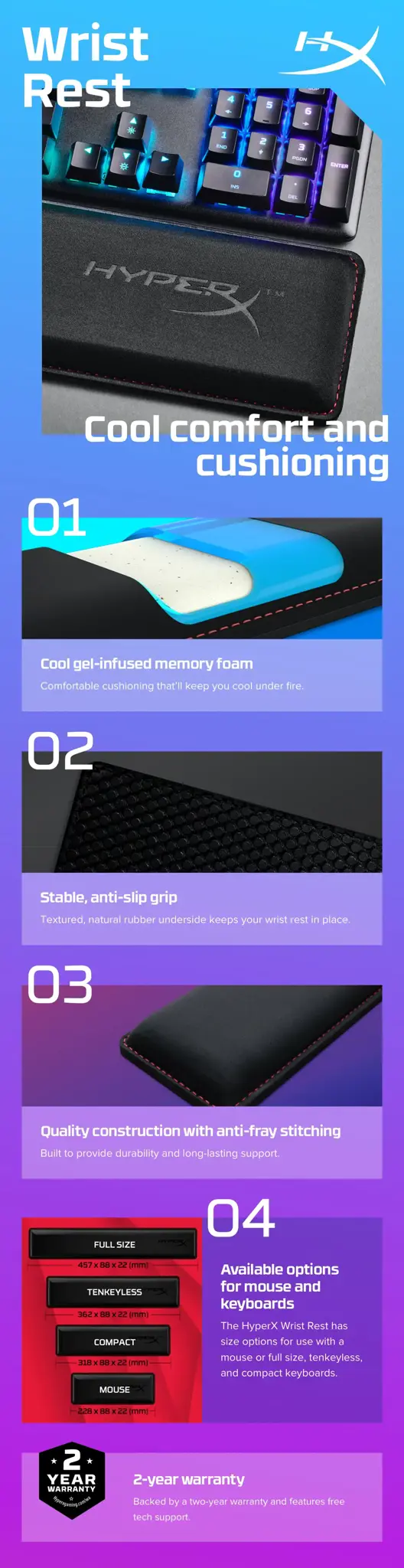 "HyperX" riešo atrama - klaviatūra - kompaktiška 60% 65%, juoda, vienspalvė, gelis, guma, riešo atrama, neslystantis pagrindas