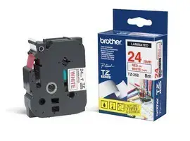 Brother laminuota juosta 24 mm, raudona ant baltos spalvos, TZe, terminis perkėlimas, Brother, PT-2430PC, PT-2700, PT-2730, PT-9600, PT-9700PC, PT-9800PCN, 2,4 cm