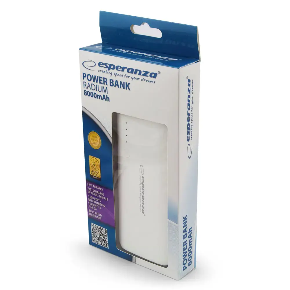 "PowerBank Esperanza Radium EMP106WE" (8000 mAh; microUSB, USB 2.0; baltos spalvos)