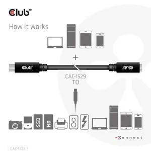 CLUB3D USB Gen1 Type-C Extension Cable 5Gbps 60W(20V/3A) 4K60Hz M/F 2m/6.56ft, 2 m