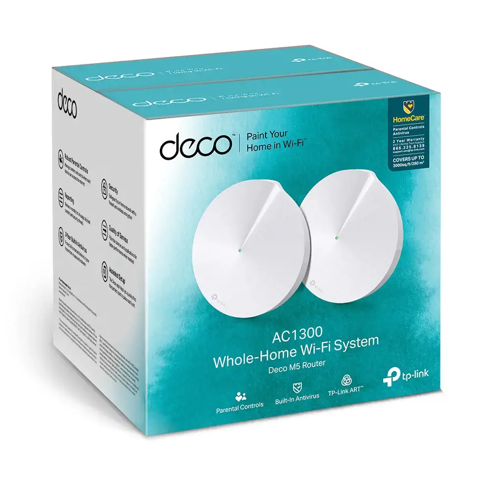 "TP-Link Deco M5" rinkinys (2 vnt.) AC1300, baltas, vidinis, tinklelio sistema, 0 - 40 °C, -40 - 70 °C, 10 - 90 %