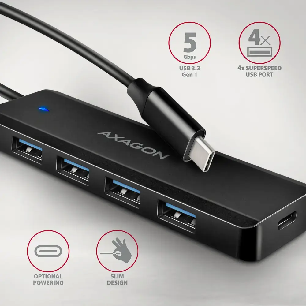 AXAGON HUE-C1C 4x USB3.2 Gen 1 Travel hub, USB-C power IN, w. 20cm Type-C cable