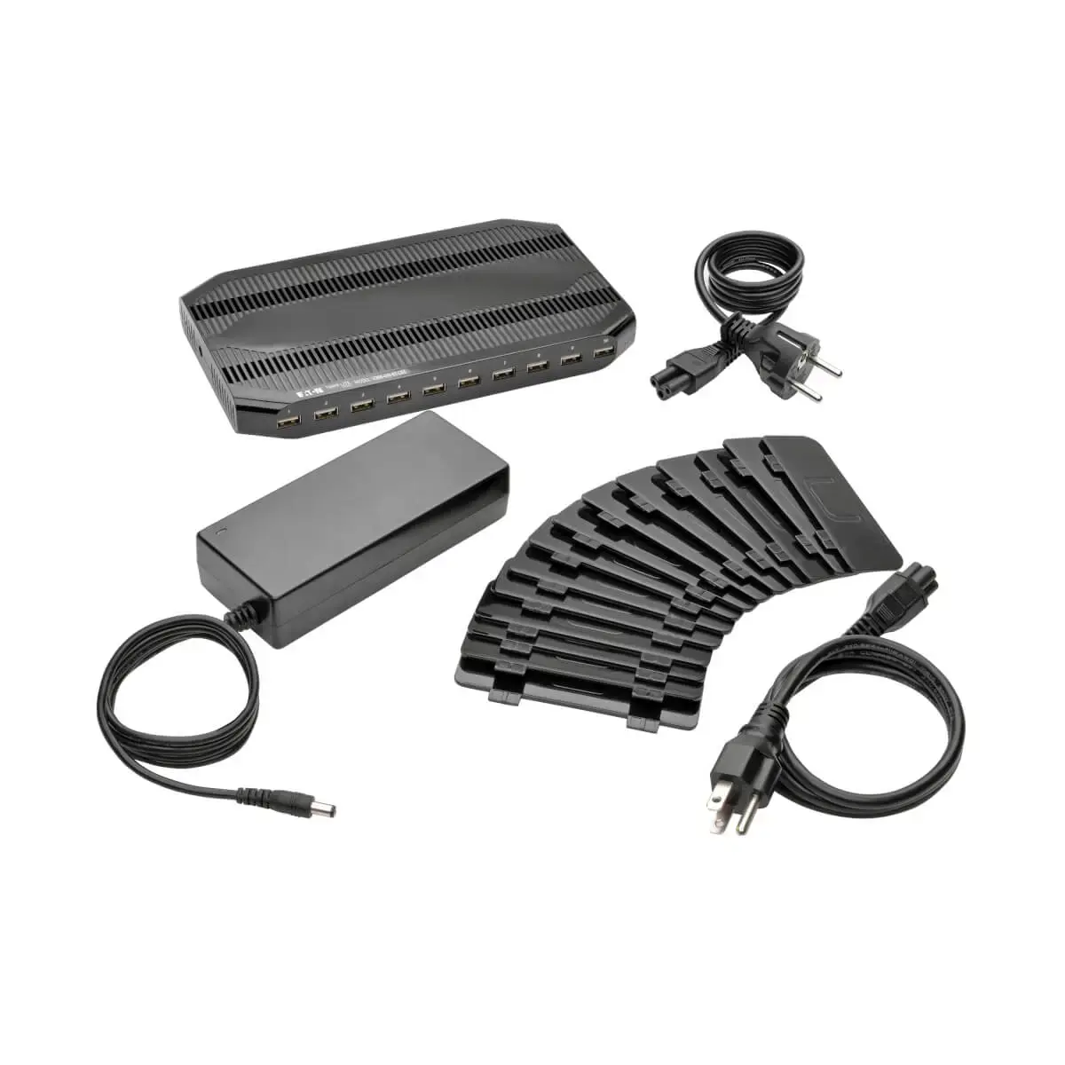 Tripp Lite U280-010-ST-CEE 10-Port USB Charging Station with Adjustable Storage, 12V 8A (96W) USB Charger Output, Schuko Power Cord, Any brand, USB, Black
