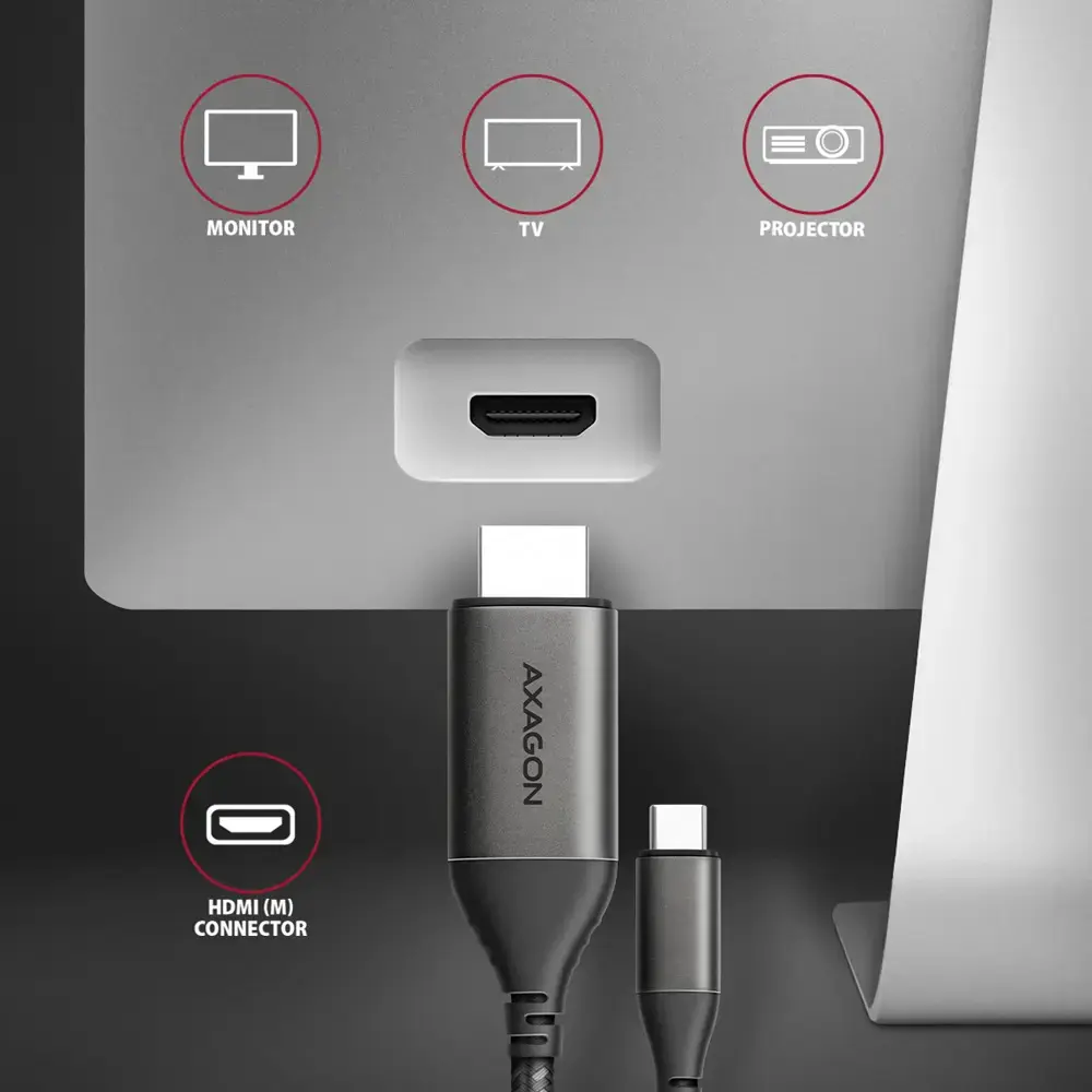 AXAGON RVC-HI2MC USB-C -> HDMI 2.0 adapteris 4K/60Hz Aliuminis, 1,8 m ilgio kabelis