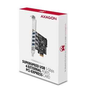 "Axagon PCI-Express" plokštė su keturiais išoriniais USB 3.2 Gen1 prievadais ir dvigubu maitinimu. "Renesas" mikroschemų rinkinys. Standartinė ir žemo profilio.