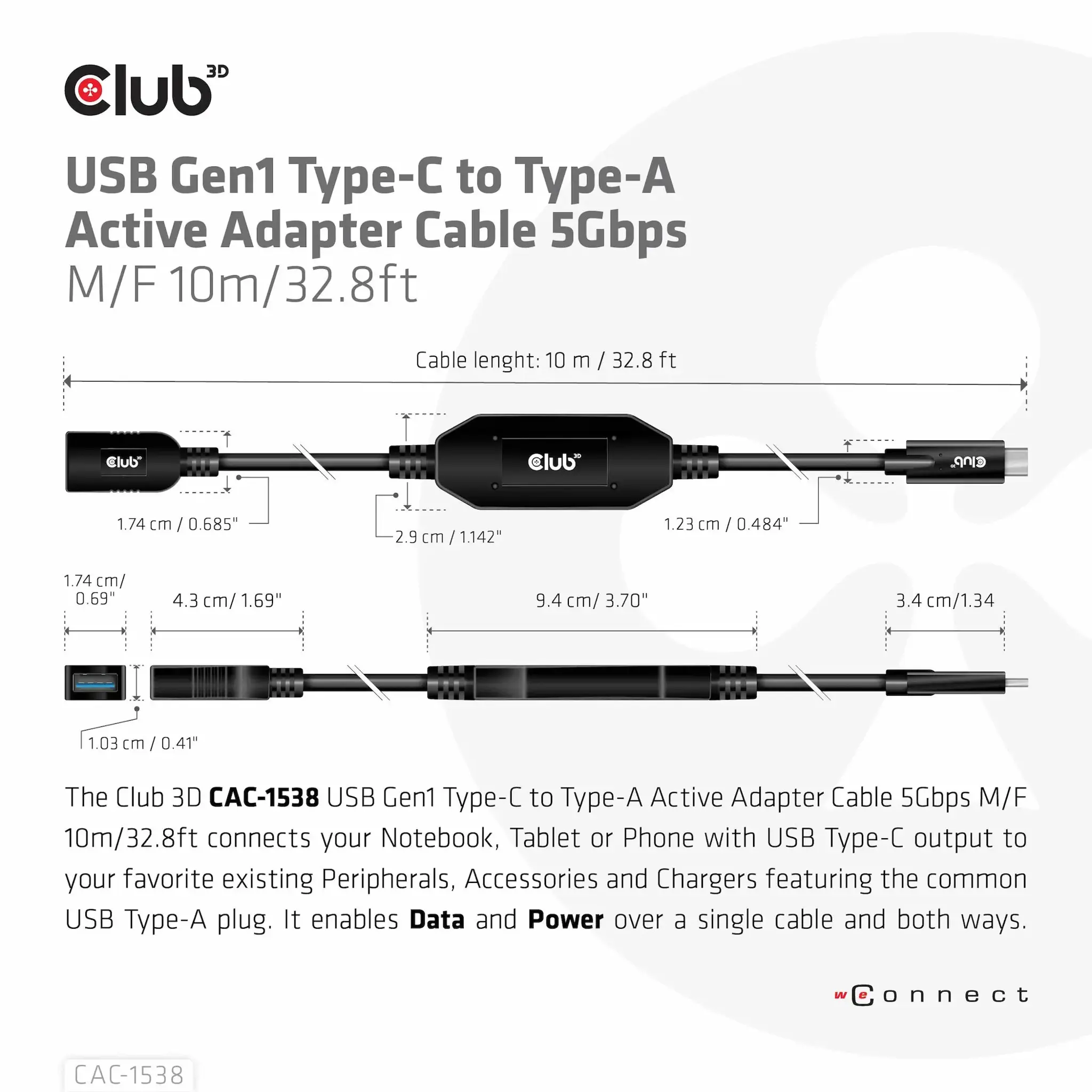 CLUB3D USB Gen1 Type-C to Type-A Active Adapter Cable 5Gbps M/F 10m/32.8ft, 10 m, USB C, USB A, USB 3.2 Gen 1 (3.1 Gen 1), 5000 Mbit/s, Black