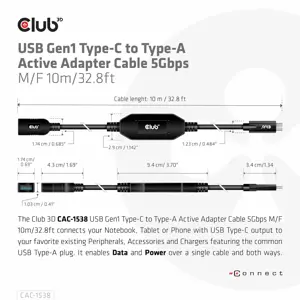 CLUB3D USB Gen1 Type-C to Type-A Active Adapter Cable 5Gbps M/F 10m/32.8ft, 10 m, USB C, USB A, USB 3.2 Gen 1 (3.1 Gen 1), 5000 Mbit/s, Black