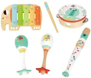 TOOKY TOY muzikos instrumentų rinkinys vaikams (cimbolai, būgnai, fleita, marakasas) dėžutėje 6 vnt.