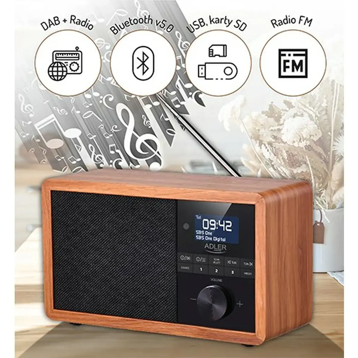"Adler Radio" DAB+ "Bluetooth" AD 1184. LCD ekranas, juodos/rudos spalvos, žadintuvo funkcija