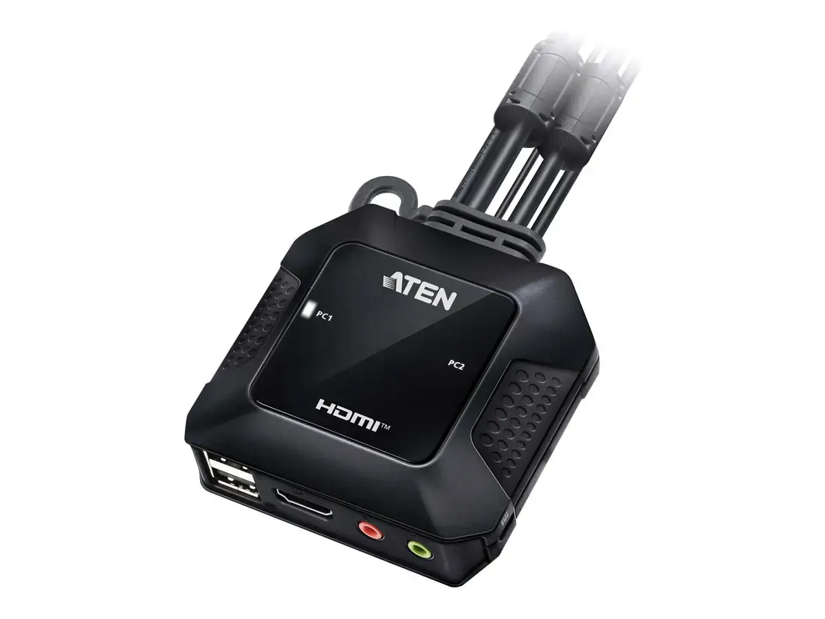 ATEN 2 prievadų USB 4K HDMI kabelinis KVM jungiklis su nuotoliniu prievadų parinkikliu, 4096 x 2160 taškų, 4K Ultra HD, 3,47 W, juodas