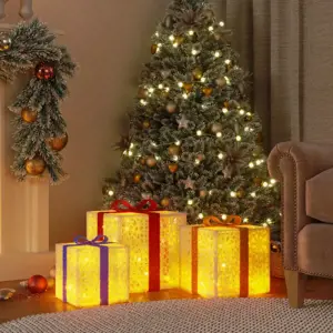 Šviečiančios kalėdinės dekoracijos dovanų dėžutės, 3vnt.