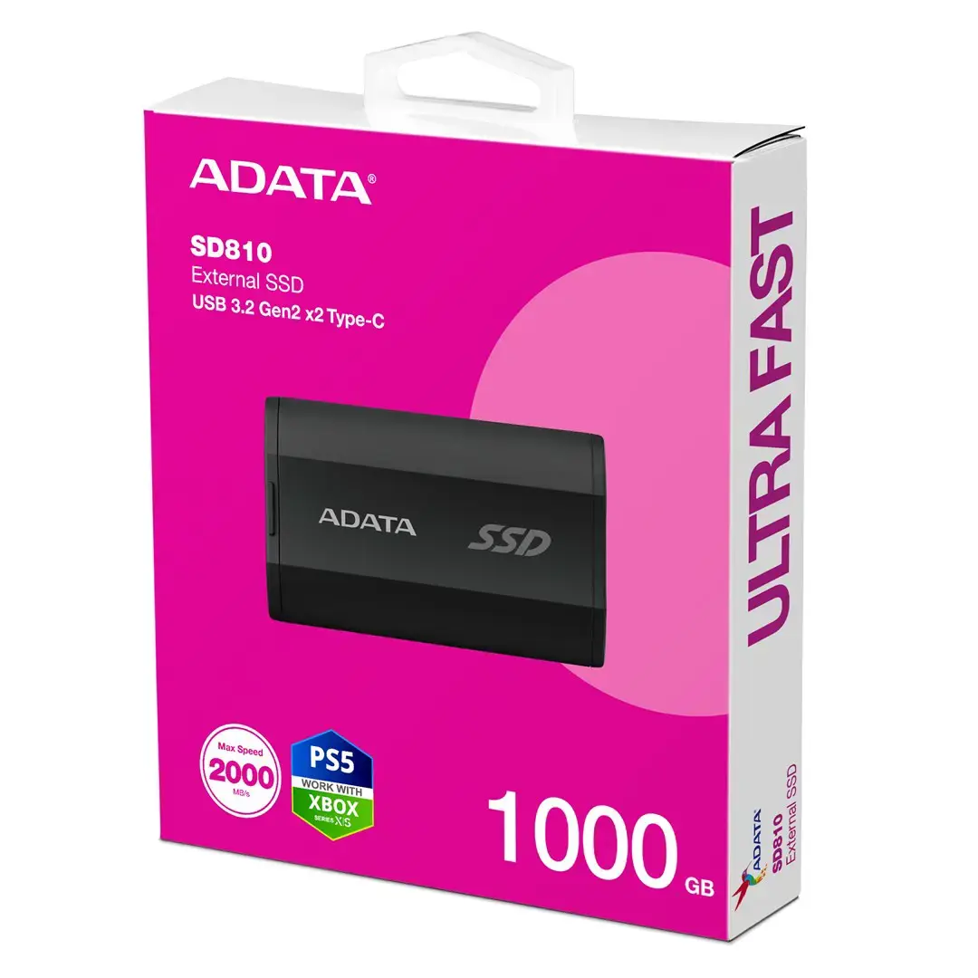 Išorinis SSD diskas ADATA SD810 1TB USB-C Įrašymo greitis 2000 MBajtų/sek Skaitymo greitis 2000 MBajtų/sek SD810-1000G-CBK