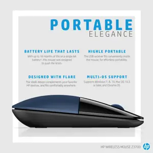 HP belaidė pelė Z3700, dvipusė, mėlynas šviesos diodas, RF belaidė, 1200 DPI, juoda, mėlyna