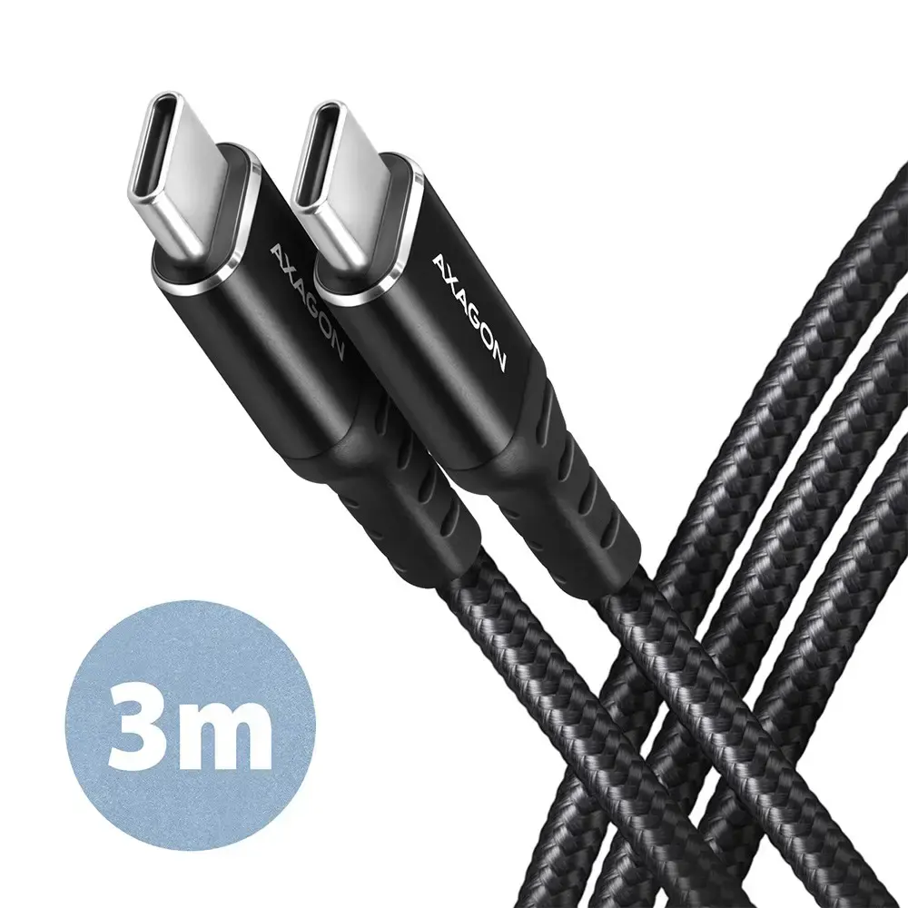 Axagon Duomenų perdavimo ir įkrovimo USB 2.0 kabelis, ilgis 3 m. 3A. PD 60W, 3A. Juodas pintas.